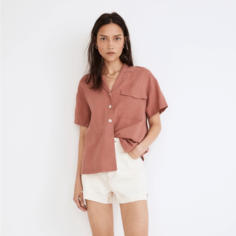 Madewell Linen-Blend Camp Shirt, Vintage Pink Color with White Buttons, Size XS